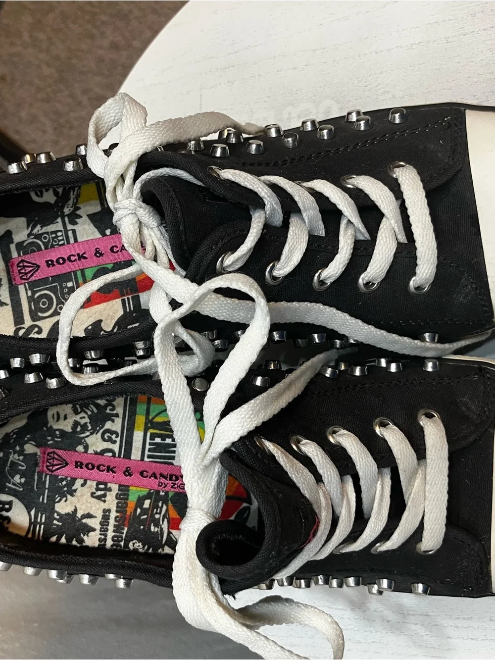 Rock & Candy Black and White Studded Wedge Sneakers